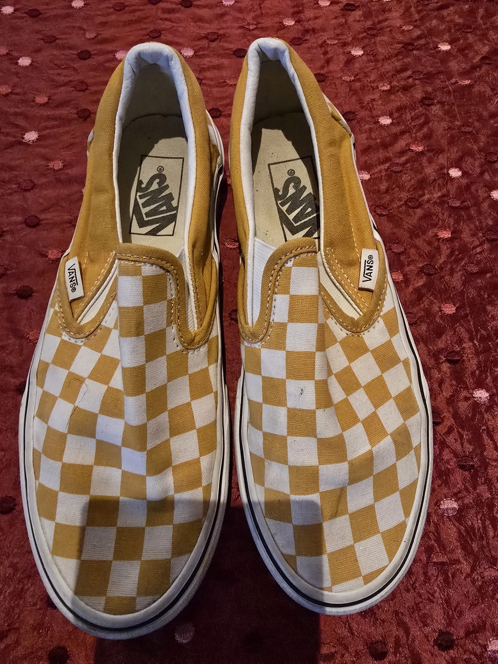 Vans Women's Yellow and White Checkerboard Slip-On Sneakers